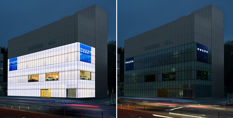 볼보자동차코리아도 지구의 날 캠페인 동참을 위해 22일 오후 8시부터 1시간 동안 전국 전시장과 서비스센터, 본사 등의 조명을 소등한다. 사진은 볼보자동차코리아 진주전시장 실내외 조명 점등(왼쪽) 모습과 소등(오른쪽) 모습. / 볼보자동차코리아