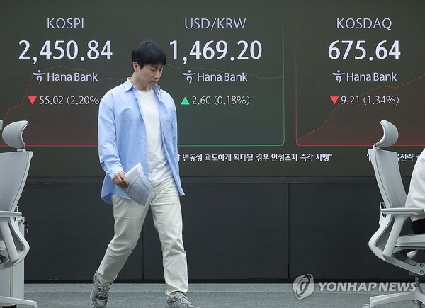 미 관세 부과, 증시 영향은(서울=연합뉴스) 도널드 트럼프 미 행정부가 한국에 25%의 상호관세 세율을 적용한 가운데 3일 오전 서울 중구 하나은행 본점 딜링룸에서 딜러가 업무를 보고 있다. 이날 코스피는 전날보다 68.43p(2.73%) 내린 2,437.43으로 시작했다. 원/달러 환율은 4.4원 오른 1,471.0원으로, 코스닥은 14.10p(2.06%) 내린 670.75로 개장했다.