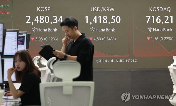 코스피 보합권 출발(서울=연합뉴스) 코스피가 보합권 출발한 21일 서울 중구 하나은행 딜링룸 현황판에 코스피·코스닥 지수가 표시되고 있다. 이날 오전 9시 2분 현재 코스피 지수는 전 거래일 대비 3.75포인트(0.15%) 내린 2,479.67을 나타냈다. 같은 시각 코스닥 지수는 전장 대비 2.47포인트(0.34%) 내린 715.30이다. 2025.4.21