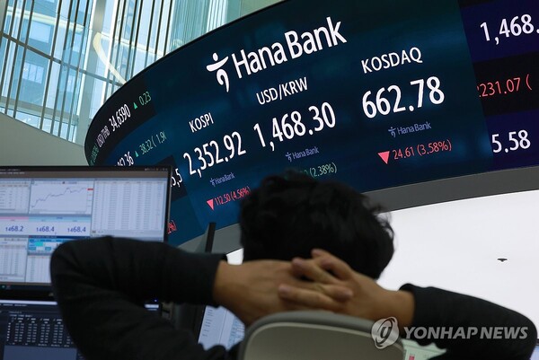 코스피 2,400 붕괴, 4%대 하락 출발(서울=연합뉴스) 7일 서울 중구 하나은행 본점 딜링룸에서 딜러들이 업무를 보고 있다. 이날 코스피는 전 거래일보다 106.17p(4.31%) 내린 2,359.25로 개장했다. 원/달러 환율은 27.9원 오른 1,462.0원, 코스닥지수는 20.37p(2.96%) 내린 667.02로 시작했다. 2025.4.7