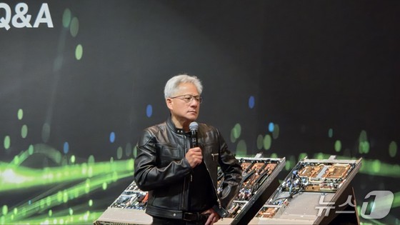 Nvidia CEO Jensen Huang appears serious as he answers a question about the new Taiwan headquarters, Constellation, during Nvidia\'s global media Q&A event at the Mandarin Oriental B2 in Taipei, Taiwan, held on Wednesday / News1