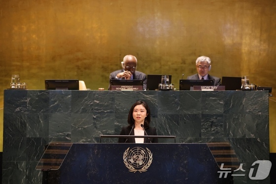 Kim Eun Joo, a North Korean defector and human rights activist who authored The Will of an 11-Year-Old, testifies on North Korea\'s human rights abuses at the 79th UN General Assembly President\'s High-Level Plenary Meeting in New York on May 20, 2025. / Photo courtesy of South Korea\'s Ministry of Foreign Affairs