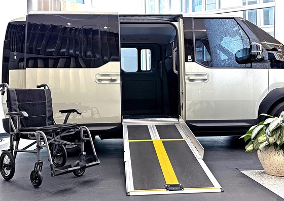 Kia\'s wheelchair-accessible PV5 WAV is displayed at the London Future of the Car Summit. / Photo courtesy of Kia