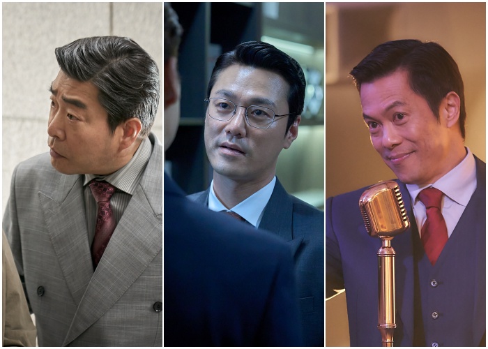 국보그룹 회장 석진우를 연기한 손현주, 법률 자문을 해주는 변호사 구영모를 연기한 최영준, 솔퀸의 홍콩 본부장 고든을 연기한 바이런 만.(왼쪽부터) 사진제공=쇼박스
