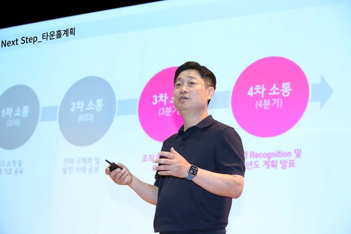 홍범식 LG유플러스 사장이 2분기 타운홀미팅에서 전사 전략 방향을 공유하고 있다.