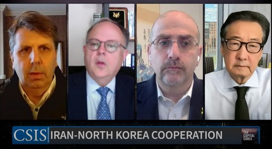 A webinar hosted by the Center for Strategic and International Studies (CSIS), a U.S. think tank, (from left) former U.S. Ambassador to South Korea Mark Lippert, CSIS Senior Advisor Syd Seiler, Atlantic Council Senior Fellow Dan Shapiro, and CSIS Korea Chair Victor Cha discussed the issue of cooperation between Iran and North Korea. / CSIS YouTube