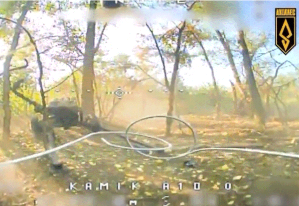 A FPV drone video released on social media platform X (formerly Twitter) on July 18 by the Ukraine\'s Achilles Brigade. The FPV drone flies behind a North Korean-made 107mm 75-type MRLS and attacks it (extract from X)