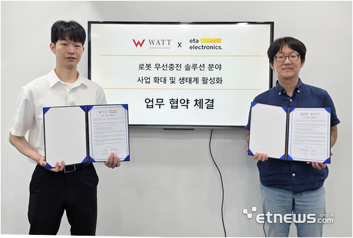 남정용 에타일렉트로닉스 대표(오른쪽)와 최재원 와트 대표가 업무협약을 맺고 있다.