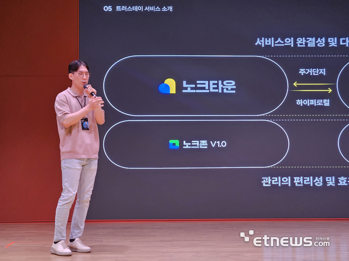 이승오 트러스테이 대표가 17일 판교 텐엑스타워에서 리브랜딩에 대해 소개하고 있다.