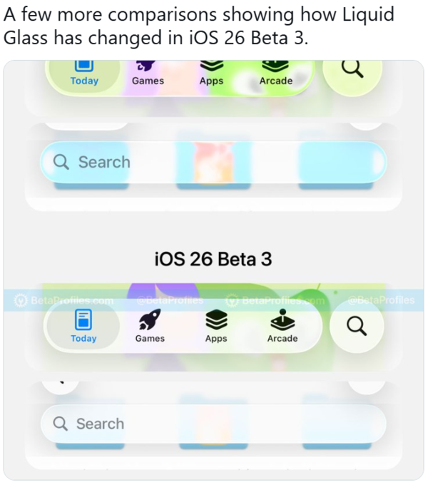iOS 26의 핵심 디자인 요소인 ‘리퀴드 글라스(Liquid Glass)’를 대폭 개선했다. / 베타프로필(Beta Profiles) X 계정