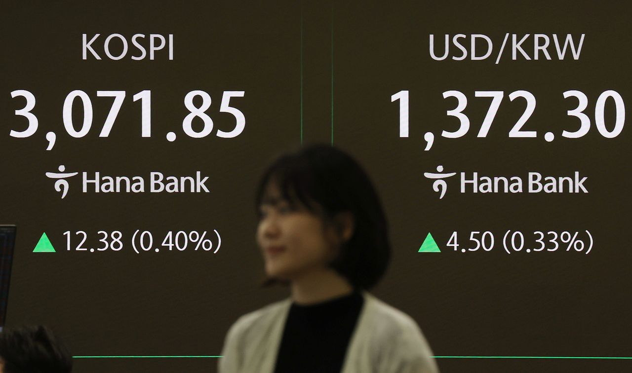 An electronic board showing the Korea Composite Stock Price Index at a dealing room of the Hana Bank headquarters in Seoul on Tuesday. (Yonhap)]