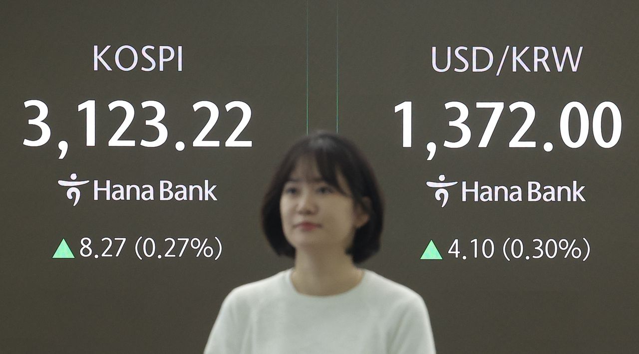 An electronic board showing the Korea Composite Stock Price Index at a dealing room of the Hana Bank headquarters in Seoul on Wednesday. (Yonhap)]