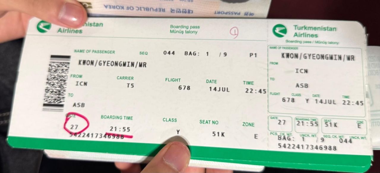 Kwon Gyeong-min, a 21-year-old Korean traveler embarking on his first trip to Europe shows his Turkmenistan Airlines boarding pass to Korea Herald at Incheon International Airport Terminal 1 in Incheon on Monday. (Sanjay Kumar/ The Korea Herald)]