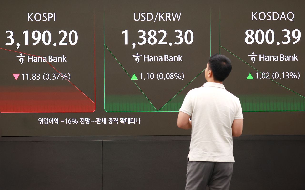 An electronic board showing the Korea Composite Stock Price Index at a dealing room of the Hana Bank headquarters in Seoul on Tuesday. (Yonhap)]