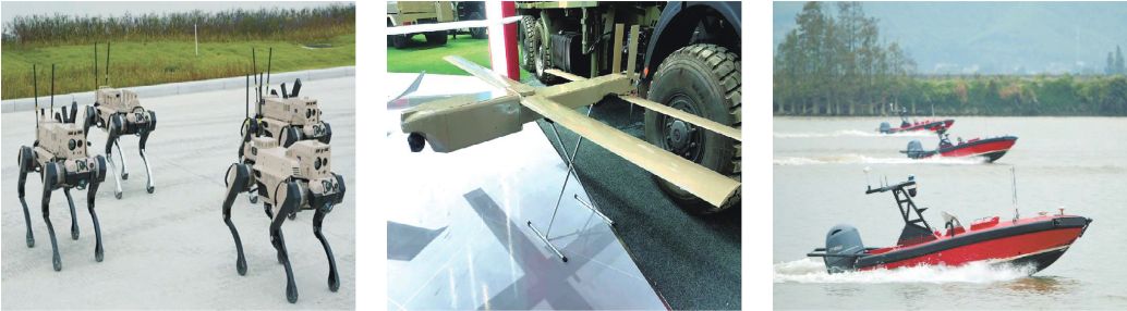 From left: Robot Wolf, a combat robot; Swarm Drones; and the Orca-class uncrewed surface vessel, showcased by Chinese defense manufacturers at the 2024 Zhuhai Airshow. (Korea Institute for Industrial Economics and Trade)]