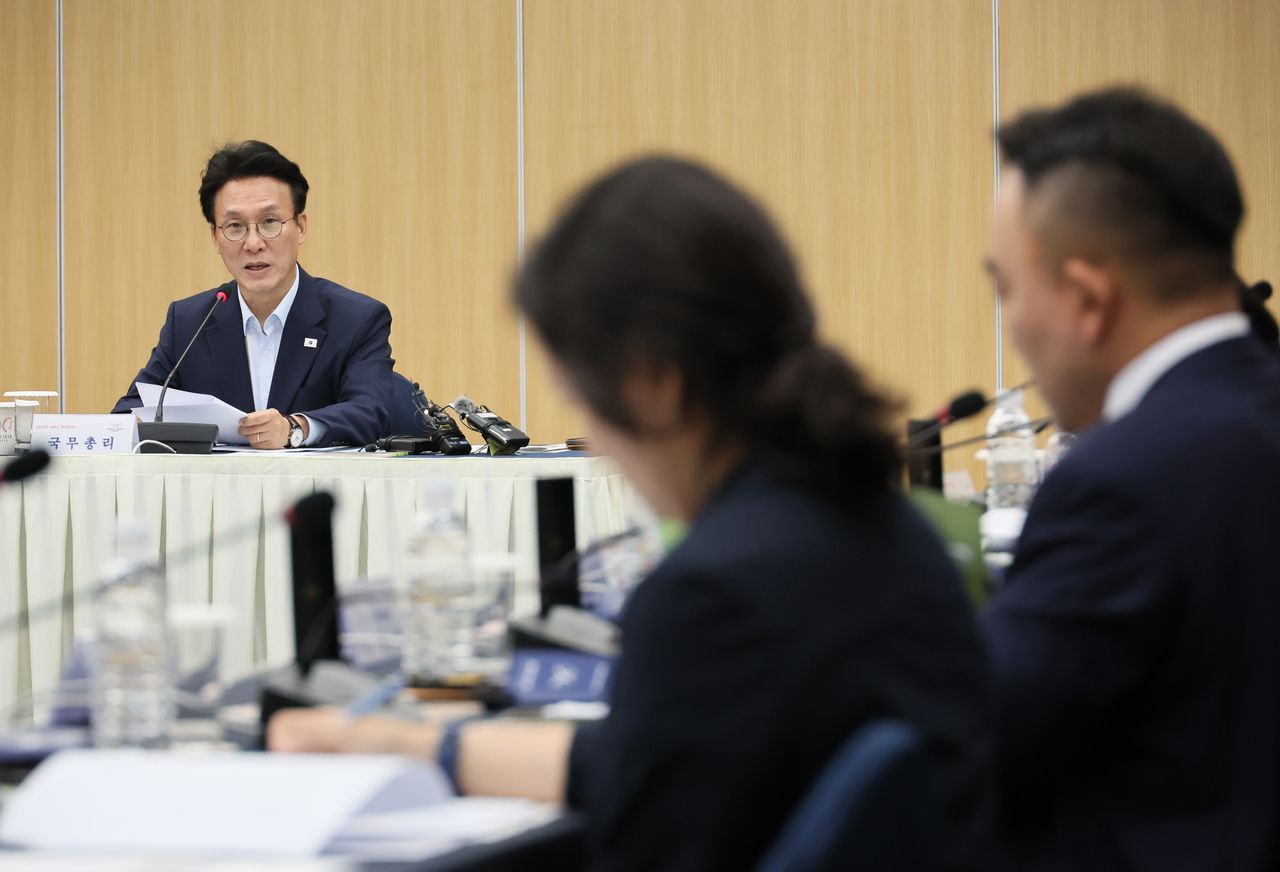 Prime Minister Kim Min-seok attends a meeting at the HICO convention center in Gyeongju, North Gyeongsang Province, southeastern South Korea, on July 11, 2025, to receive a report on the country