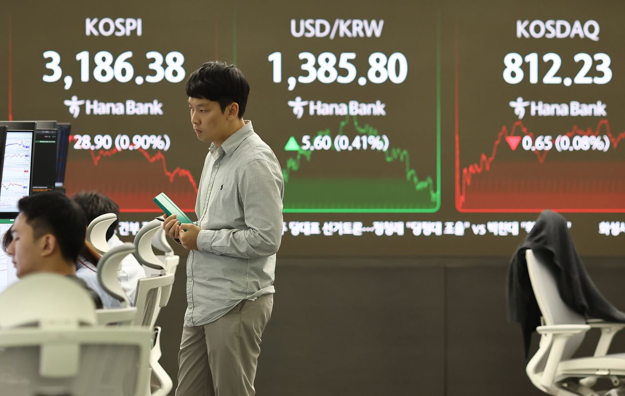 An electronic board showing the Korea Composite Stock Price Index at a dealing room of the Hana Bank headquarters in Seoul on Wednesday. (Yonhap)]