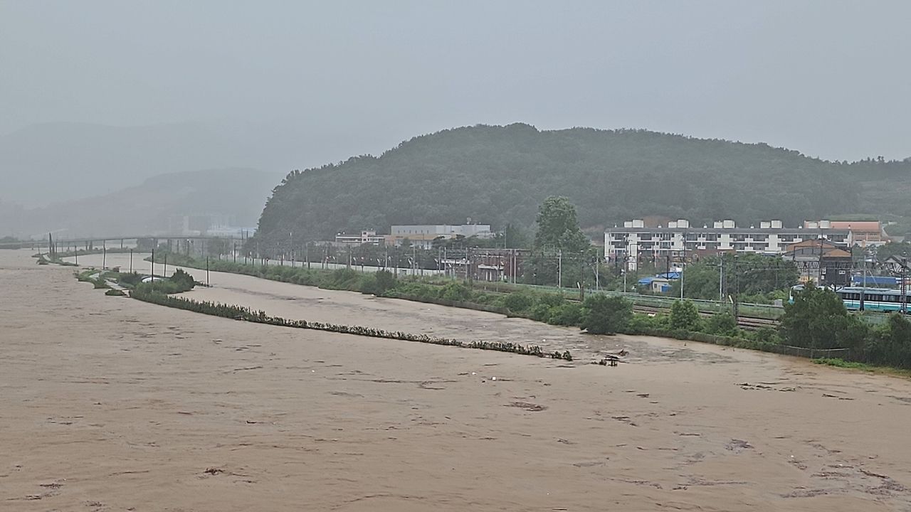 Following heavy rainfall on Thursday, a stream flowing through Jeondong-myeon in Sejong City is on the verge of overflowing. (Yonhap)]