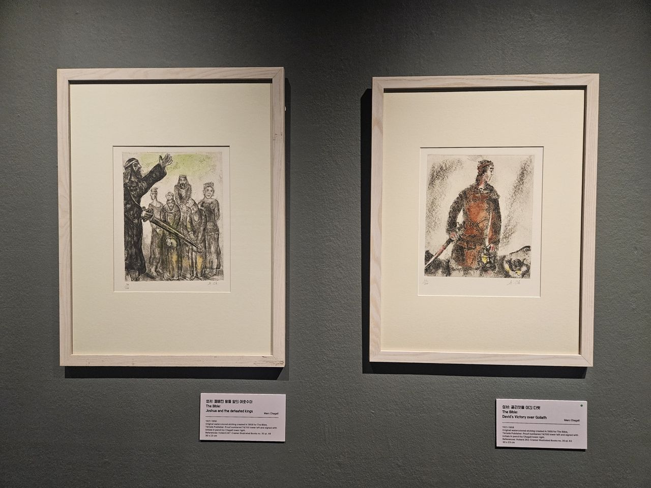 Installation view of watercolored etchings for The Bible by Marc Chagall at the exhibition