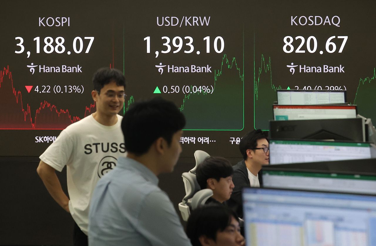 An electronic board showing the Korea Composite Stock Price Index at a dealing room of the Hana Bank headquarters in Seoul on Friday. (Yonhap)]