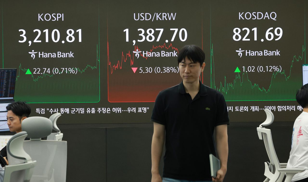 An electronic board showing the Korea Composite Stock Price Index at a dealing room of the Hana Bank headquarters in Seoul on Monday. (Yonhap)]