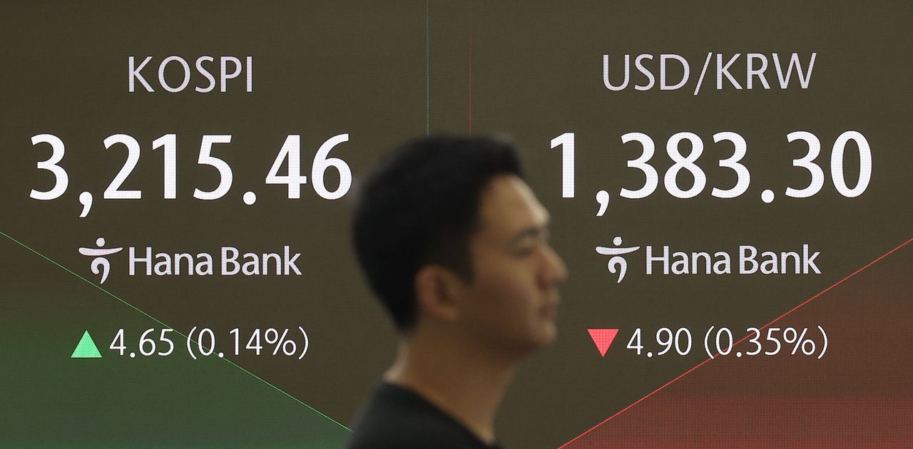 An electronic board showing the Korea Composite Stock Price Index at a dealing room of the Hana Bank headquarters in Seoul on Tuesday. (Yonhap)]