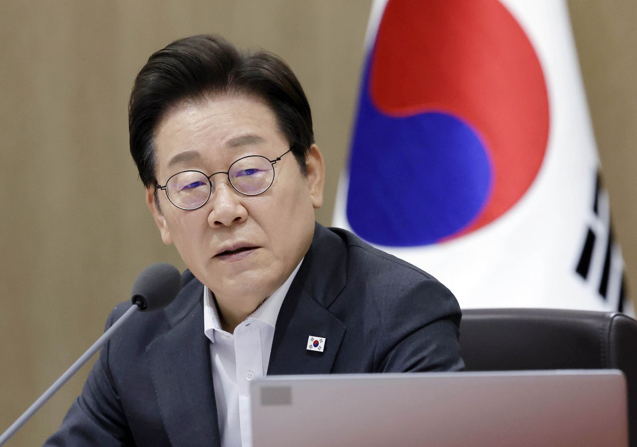 President Lee Jae Myung speaks during a Cabinet meeting at the presidential office in Seoul on Tuesday. (Pool photo via Yonhap)]