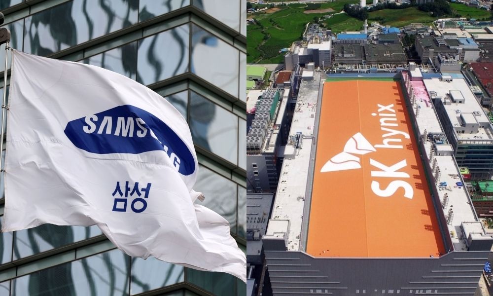 A samsung logo flag hangs outside the company]