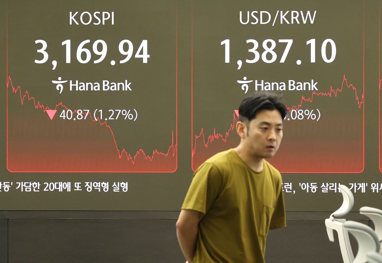 An electronic board showing the Korea Composite Stock Price Index at a dealing room of the Hana Bank headquarters in Seoul on Tuesday. (Yonhap)]