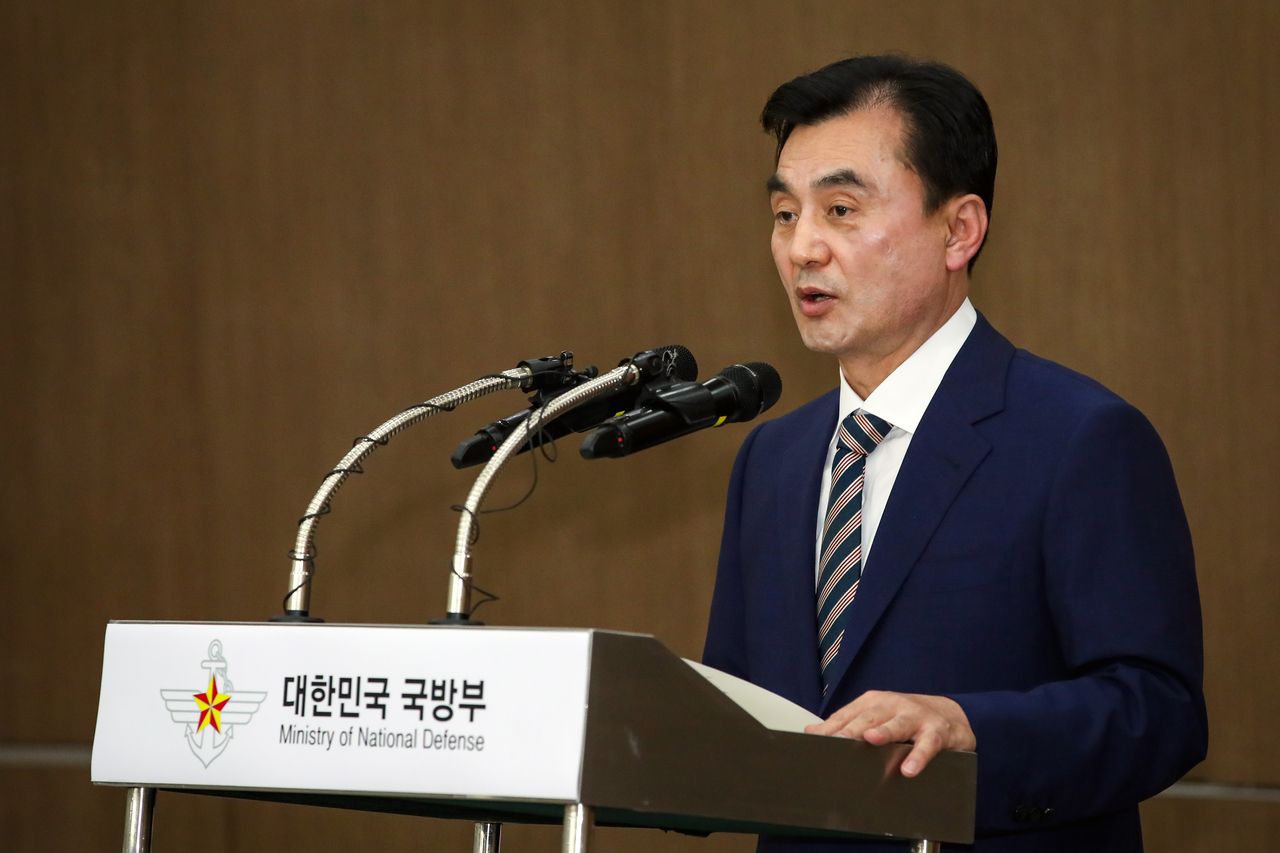 Defense Minister Ahn Gyu-back delivers a speech during his inauguration ceremony held at the defense ministry in Seoul on Friday. (Yonhap)]