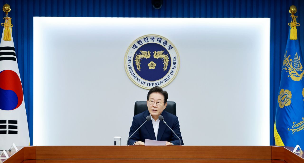 President Lee Jae Myung presides over the third meeting of an emergency economic review task force held at the presidential office in Seoul on Wednesday. (Yonhap)]