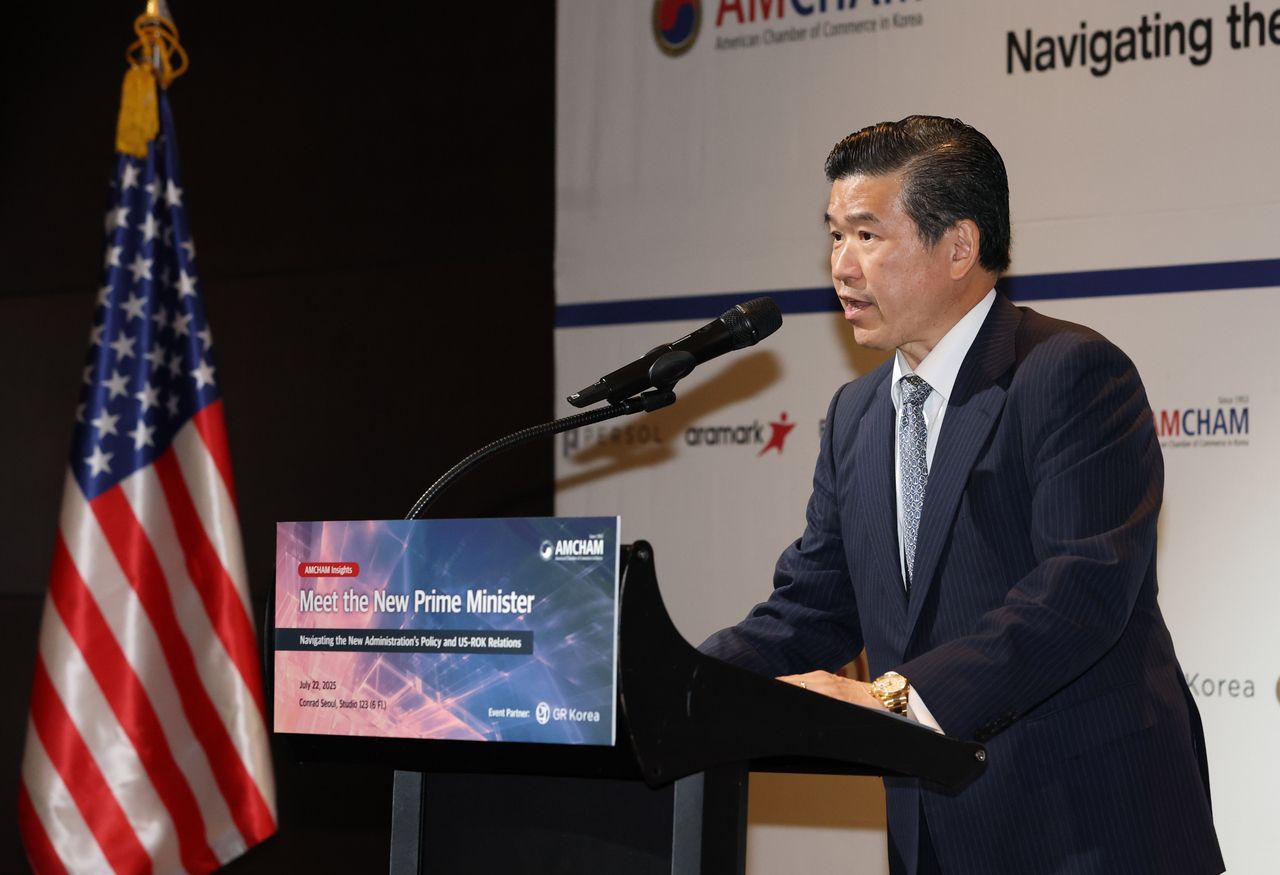 AMCHAM Chairman and CEO James Kim speaks during a seminar hosted by the group in Seoul, July 22. (Newsis)]