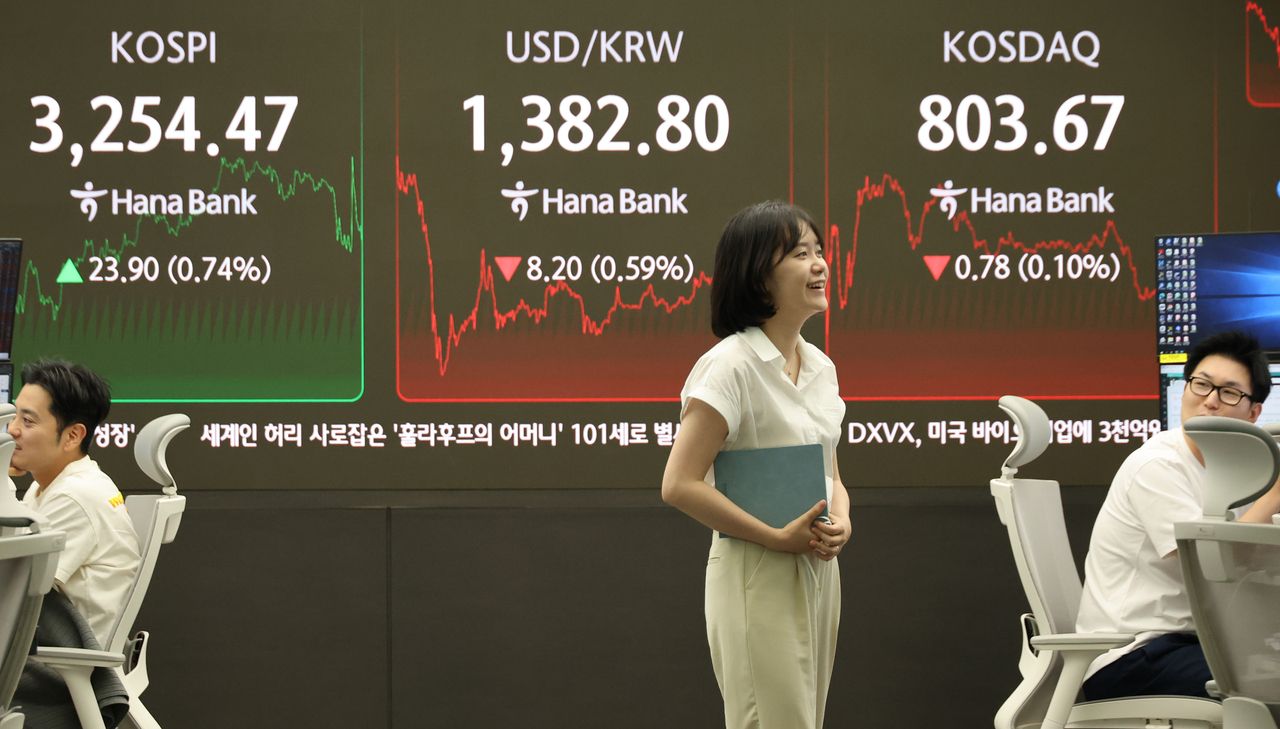 An electronic board showing the Korea Composite Stock Price Index at a dealing room of the Hana Bank headquarters in Seoul on Wednesday. (Yonhap)]