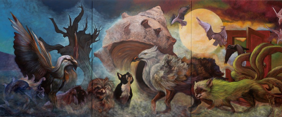 제이디 차, ‘트릭스터, 잡종, 짐승(Tricksters, Mongrels, Beasts)’, 2023, 캔버스에 유채, 삼연작 240x600x4cm/각각 240x200x4cm.