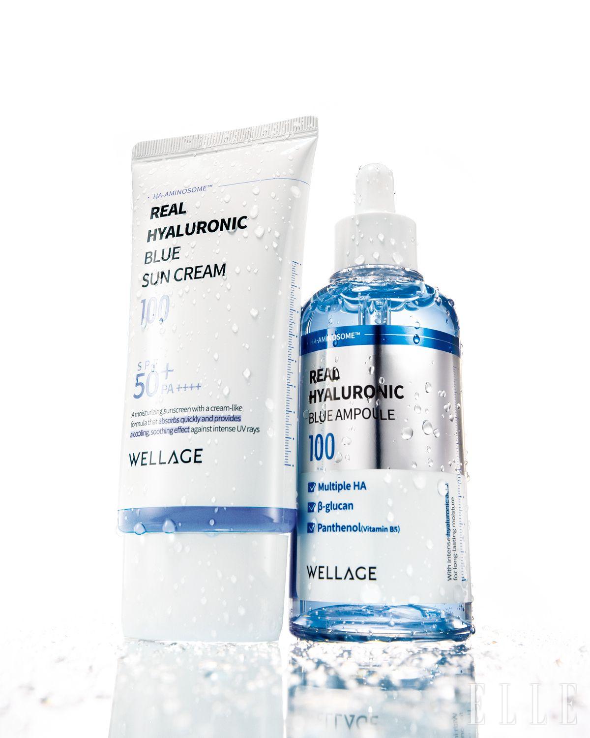 리얼 히알루로닉 블루 선크림 SPF 50⁺/PA⁺⁺⁺⁺, 50ml 2만5천원. 리얼 히알루로닉 블루 100 앰플, 100ml 2만8천원, 모두 Wellage.