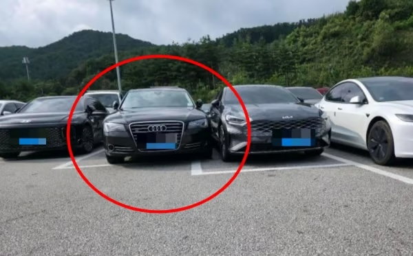 사진은 양평휴게소에서 포착된 주차선을 한참 벗어난 채 주차된 차의 모습. /사진=보배드림 캡처