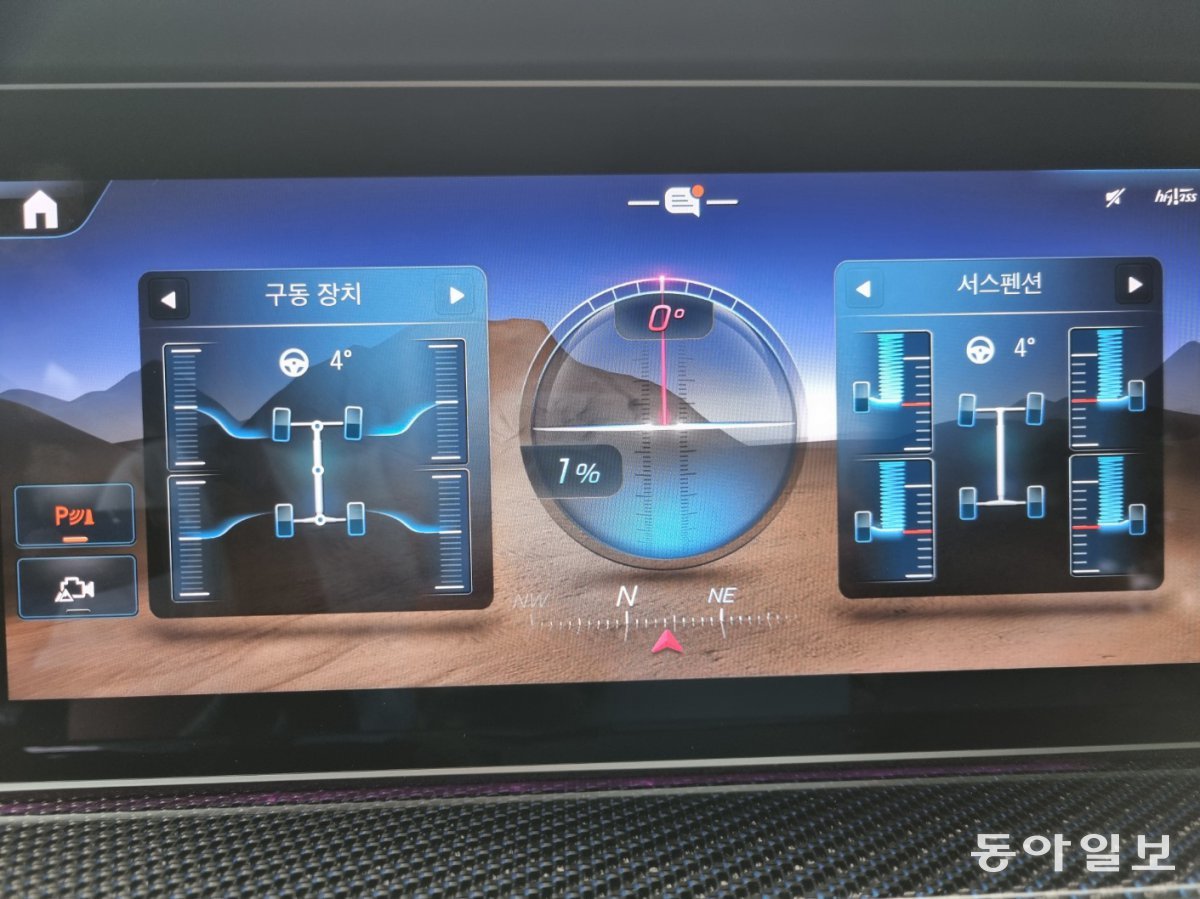 메르세데스벤츠 ‘G 580 위드 EQ 테크놀로지 에디션 원’에서 오프로드 콕핏을 작동시켰을 때의 디스플레이 모습. 김도형 기자 dodo@donga.com