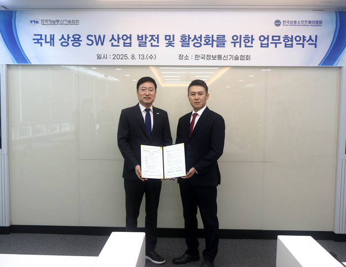 손승현 한국정보통신기술협회(TTA) 회장(왼쪽)과 어윤호 한국상용소프트웨어협회(KOSW) 회장(오른쪽)이 13일 TTA에서 상용 SW산업 발전 및 활성화를 위한 업무협약 체결 후 기념 촬영을 하고 있다.ⓒTTA