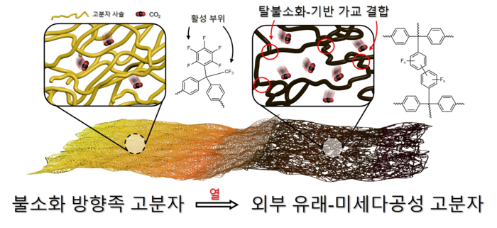 불소화 방향족 고분자의 탈불소화 및 가교 메커니즘 모식도. (이종석 교수 제공)