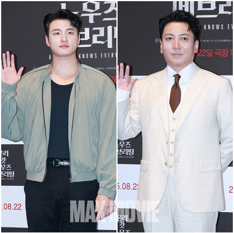 카메라 향해 손인사하는 배우 신승호(왼쪽)와 박명훈. 정유진 기자