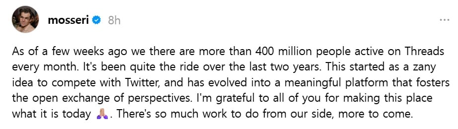 아담 모세리 인스타그램 최고경영자(CEO) 스레드 캡쳐