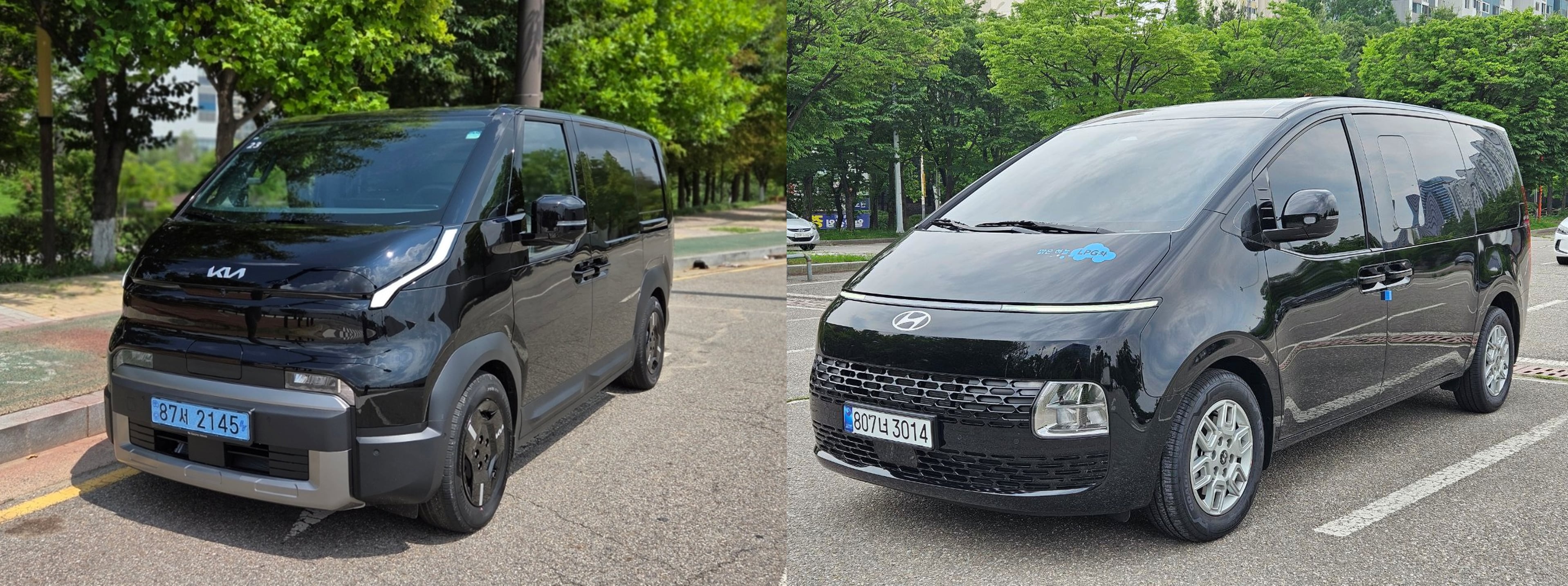 기아 PV5 카고(왼쪽)와 현대차 스타리아 LPG 카고. /권유정 기자