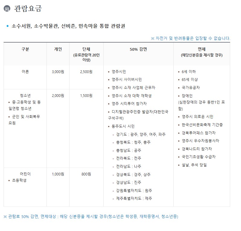 소수서원+박물관+선비촌 통합 요금표 / 사진=소수서원 홈페이지 캡처, 공공누리 1유형