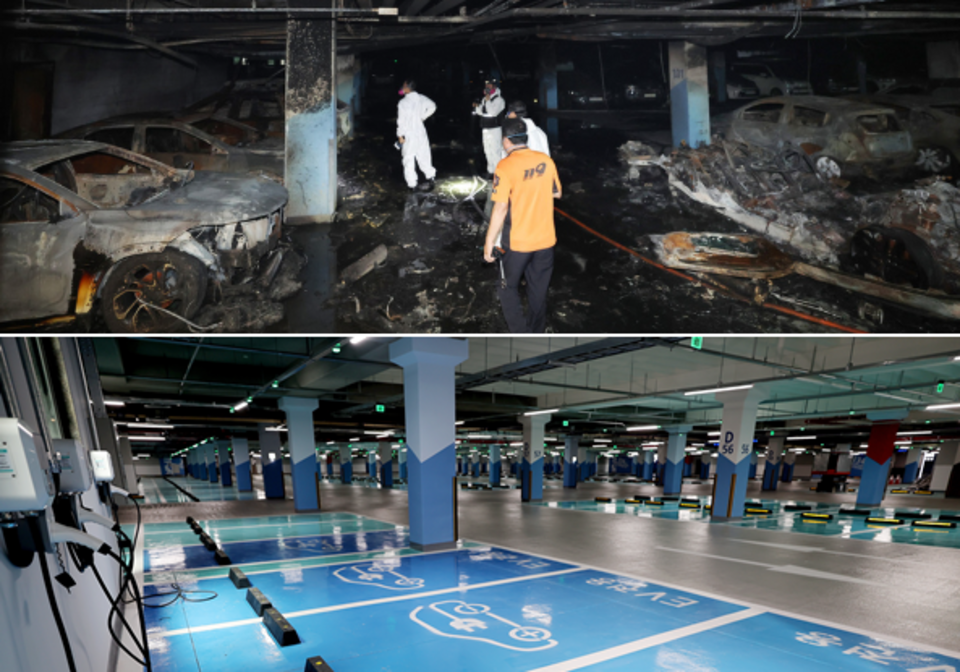 ▲ 인천 서구 청라국제도시에서 벤츠 전기차 화재가 발생한 지 1년이 지났지만, 주민들 피해는 여전히 회복되지 않고 있다. 지난해 8월 화재 당시 지하주차장 합동 감식 모습(사진 위). 복구된 아파트 주차장(아래). 주민들은 1년이 지난 지금도 지하주차장을 사용하지 못하고 있다. /양진수·이호윤 기자 photosmith@incheonilbo.com