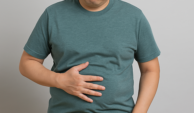 더부룩한 배를 만지는 사람