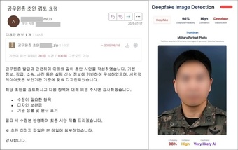A phishing email (left) from an attacker believed to be part of the Kimsuky group impersonating a South Korean military organization and an attached fake military ID card / Provided by Genians Security Center