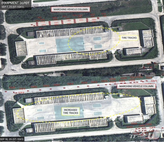 SI Analytics reported on Thursday that parade preparations are being detected across North Korea. The photo shows tire tracks captured at a location believed to be a weapons storage facility / Capture from NK Insights