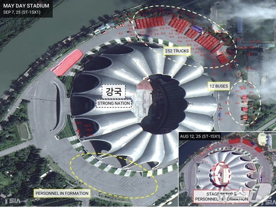 SI Analytics reported on Thursday that military parade activities are being detected across North Korea. Photo is the May Day Stadium on Rungra Island / Capture from NK Insights