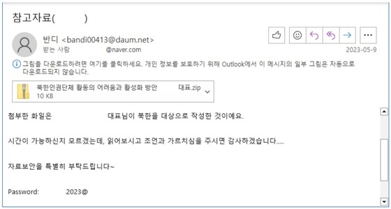  Hacking email sent by North Korean hacking group Kimsuky to a North Korea aid worker / Capture from AhnLab Response Team Operation Covert Stalker Report