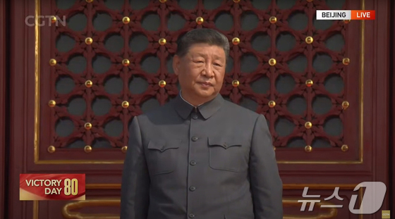 Chinese President Xi Jinping watches a military parade during the 80th anniversary celebration of Victory Day (commemorating the victory in the War of Resistance Against Japanese Aggression and the War Against Fascism) at Tiananmen Square in Beijing, China, on Wednesday. 2025.9.3 / News1